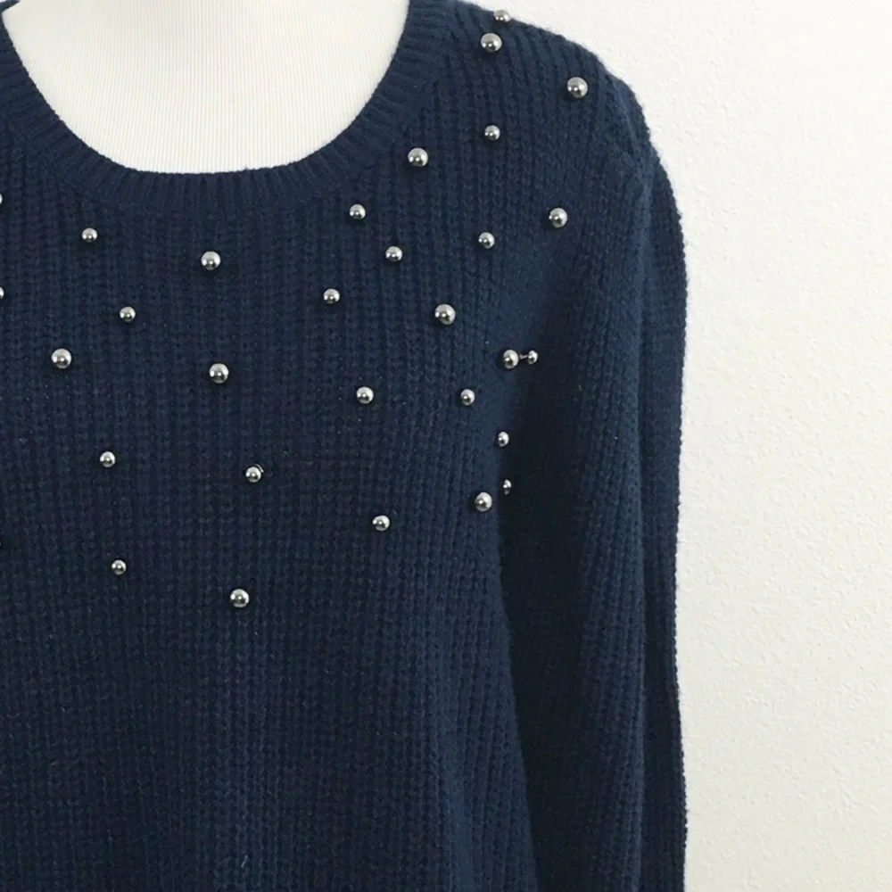 a.n.a. | Navy Sweater with Round Gun Metal Bead Details